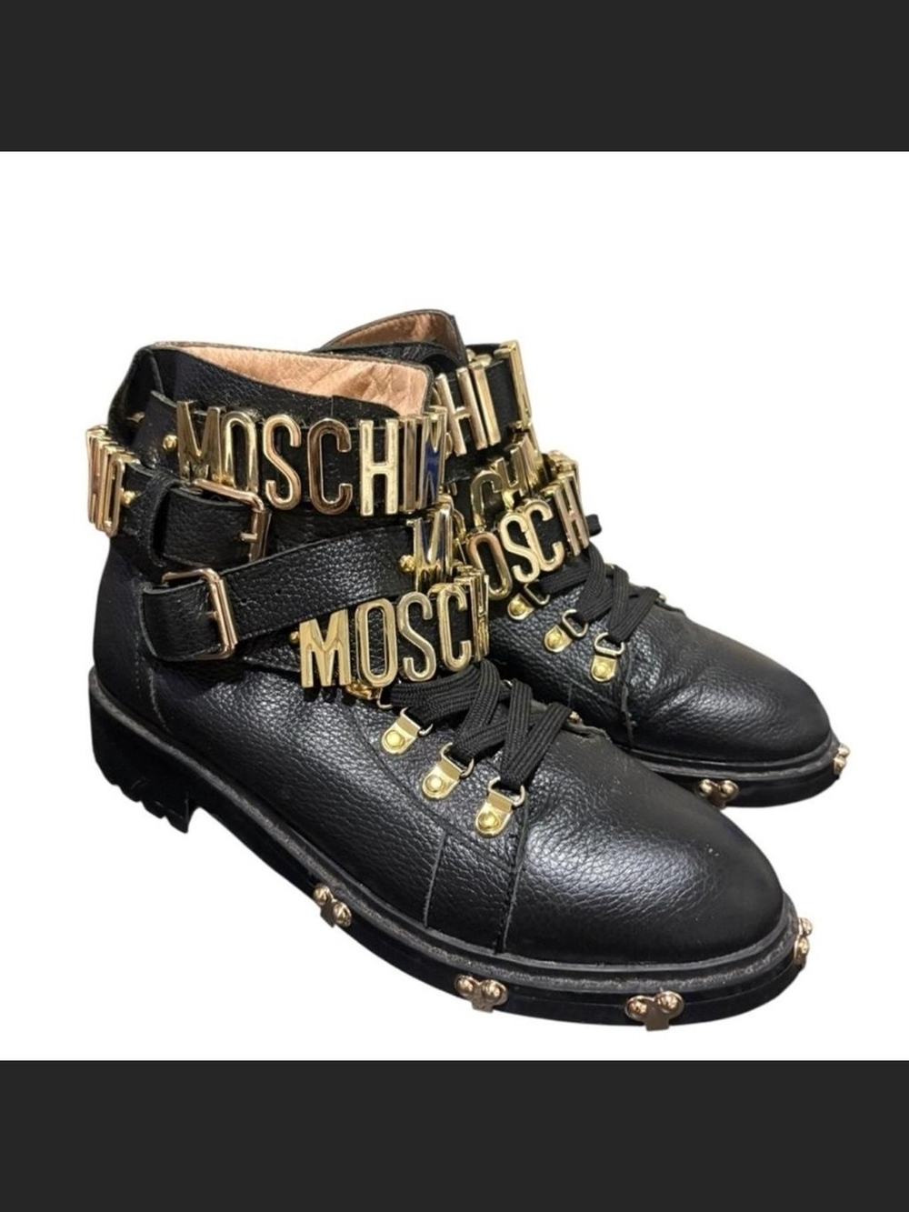 Moschino Black Leather Logo-Strap Combat Boots with Gold Hardware
